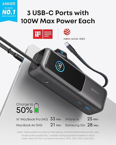 Anker Power Bank, 25,000mAh Travel Essential with 165W Total Output | 3 USB-C Ports with 100W Max Each, Built-In Retractable Cables, Flight-Ready, for iPhone 17 Series, MacBook, and More thumbnail 2