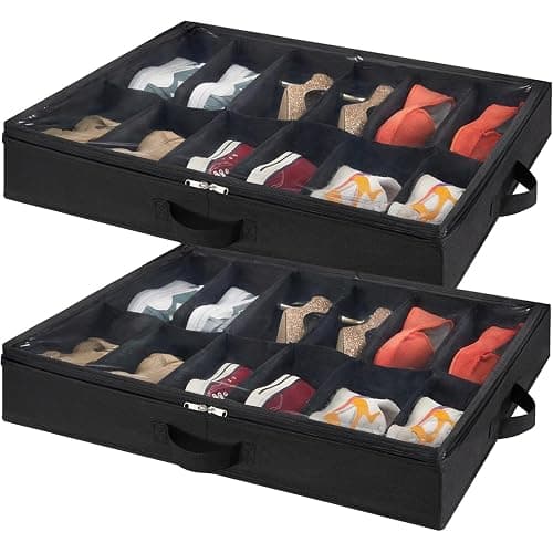 Lifewit Under Bed Shoe Storage Organizer Set of 2, 4.3 Inches Tall Low Profile Fabric Shoes Container Box with Clear Cover, Foldable Storage Bag with 2 Handles, Total Fits 24 Pairs of Shoes, Black - Image 1