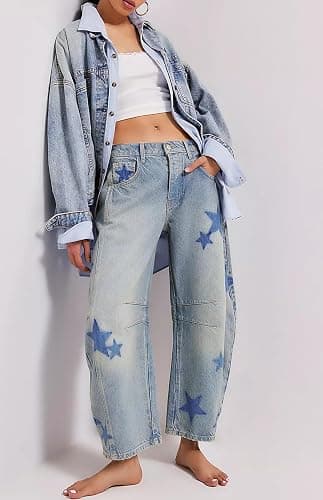 CHARTOU Y2k Barrel Jeans Women Wide Leg Baggy Distressed Printed Boyfriend Horseshoe Denim Pants thumbnail 3