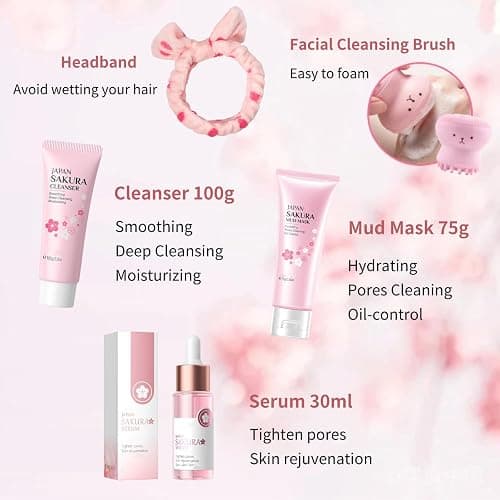 Japan Sakura Skincare Set Mother's Day Gifts for Mom - 8 Pcs Teenage Skin Care Set - Skin Care for Teens 10-12 - Skincare for Girls 10-12 - Teen Skin Care Kit with Face Mask,Cleanser,Cream,Headband - Cherry Blossom - One Size thumbnail 2