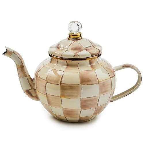 MACKENZIE-CHILDS Enamel Teapot, Cute Small Teapot with Lid, 4-Cup Capacity, Brown-and-White Mocha Check - Image 1