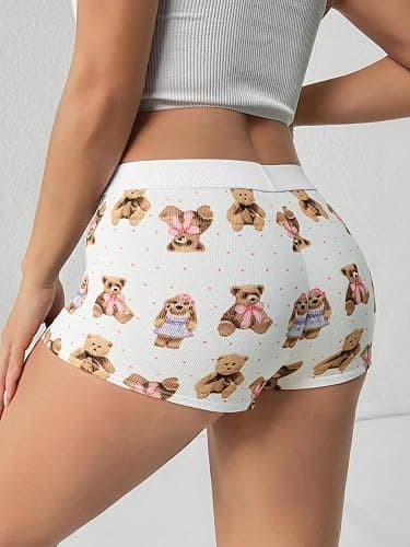 ZAFUL Women Y2K Lounge Shorts Bear Print Skinny Pajama Bottoms Elastic Button Front Sleep Shorts thumbnail 5