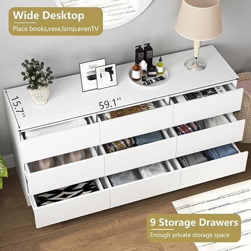 VERYKE White 9 Drawer Dresser for Bedroom,Chest of Drawers with No-Handle Design for Closet,Modern Wood Dresser Bedroom Storage Furniture thumbnail 4