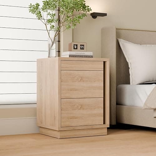 MOUMON Nightstand with Hidden Storage & NFC Lock, Bedside Table End Table with 3 Drawers, Pop-up Design, for Living Room Oak 23.6”W x 19.7”D x 31.5”H - Image 1