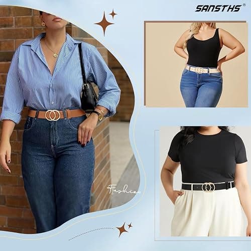 SANSTHS 3 Pack Women Waist Belts for Jeans Pants Dresses, Ladies Belt with Double O-Ring Gold Buckle thumbnail 5