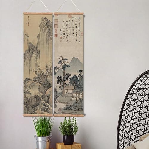 xinyuru Chinese Ancient Landscape Wall Art Poster,Tradition Canvas Printing,Oak Wood Scroll Painting Decor for Bedroom Living room (Landscape 01, 12”x41”x3 Piece) thumbnail 6