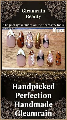 Gleamrain Handmade Press on Nails Almond Shape M Size/Gleamrain Luxury Medium Hand Made Nails with Design for Women 10Pcs by P06 thumbnail 7