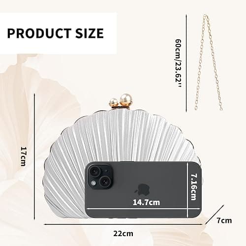 Veridina Women Mini Pleated Seashell Evening Clutch Handbag,Clutch Bag,Pearl Clutch,With Chain Strap thumbnail 4