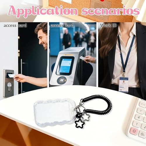 Qoncosy 2 Pack Cute Photocard Holder Keychain Kpop Photo Card Holder, Transparent PC Holder with Star Wave Design for Bus Student Card, Creative Photo Protector Keychain (Black and White) thumbnail 5