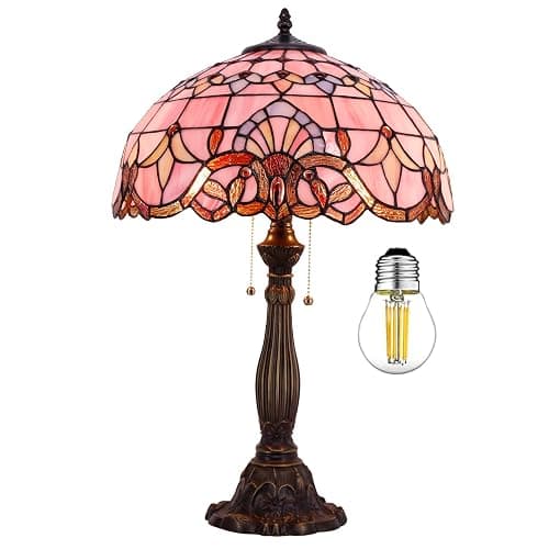WERFACTORY Tiffany Lamp Pink Stained Glass Baroque Bedside Table Lamp Style Desk Light 16X16X24 Inches Decor Bedroom Living Room Home Office S003P Series thumbnail 8