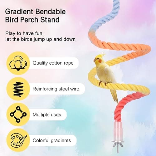 3Pcs Gradient Bendable Bird Perch Stand Set Climbing Rope Swing Playing Toys for Bird Cages Colorful Stand Rope for Parrots Cockatiels Budgies (Yellow, one size) thumbnail 4
