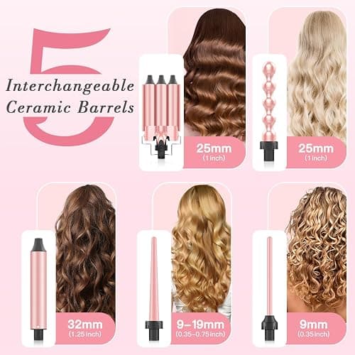 MOCEMTRY 5 in 1 Curling Wand Set (0.35"-1.25") with 3 Barrel Hair Crimper, Bubble Curling Wand and 3 Ceramic Barrels, Curling Iron 1 inch Crimper Hair Tool Waver with Two Temp Control, Gifts for Women thumbnail 2