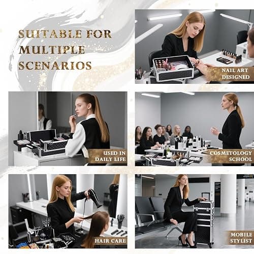 Stagiant Rolling Makeup Case Cosmetology Case on Wheels 4 in 1 Large Cosmetic Organizer Train Case Makeup Travel Case with Key Swivel Wheels Nail Artist Salon Storage Traveling Cart Trunk Black thumbnail 4