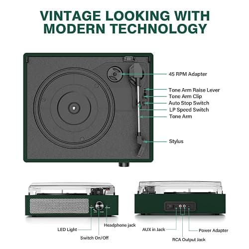 Record Player Bluetooth Turntable with Built-in Speakers & 3 Speed 3 Size Portable Retro Vinyl Record Player for Entertainment and Home Decoration Emerald Green thumbnail 2