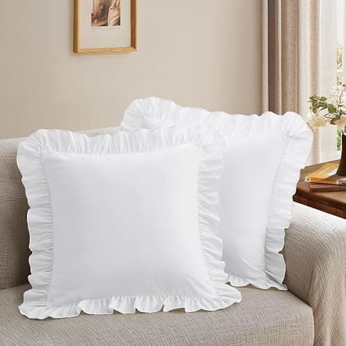 Yvrcen Ruffle Throw Pillow Covers, White, 18x18 Inches, 2 Pack | Square Pillow Cases, Microfiber, Decorative Pillow Shams, For Sofa Couch Bedroom Living Room - Image 1