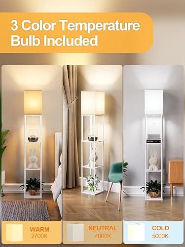 Floor Lamp with Shelves for Living Room White, Shelf Floor Lamp with 3 CCT LED Bulb, Corner Display Standing Column Lamp Etagere Organizer Tower Nightstand with White Linen Shade for Bedroom, Office thumbnail 3