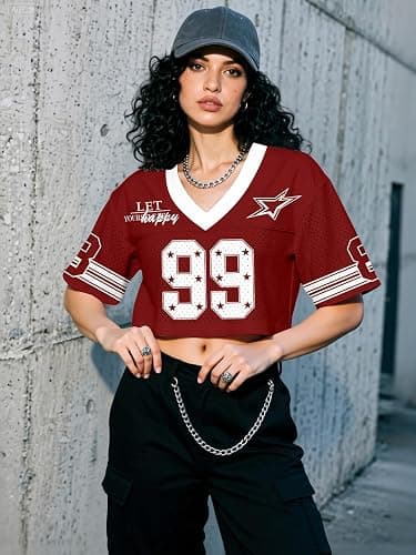 Crop Top Jersey Shirts for Women Y2k Hip Hop Graphic Cropped Top Baggy Number 99# Tees V Neck Short Sleeve Streetwear XS-XXL thumbnail 2