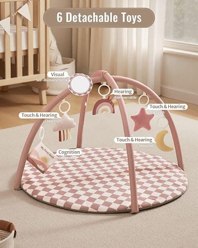 Blissful Diary Baby Play Gym Mat, Play Mat Activity Mat with 6 Detachable Toys for Stage-Based Sensory & Motor Skill Development, Easy to Install & Clean, Baby Essentials Gift, Blush Checkered thumbnail 4
