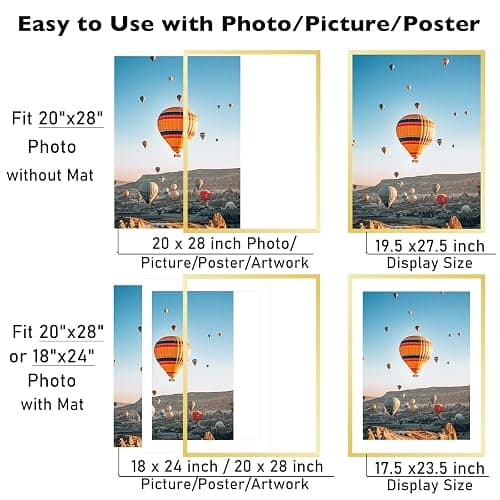 JCJMY 20x28 Picture Frame with 18x24 Mat, Display Photo 18x24 with Mat or 20 x 28 Without Mat, Wall Hanging Large 20 by 28 Poster Frame with Plexiglass, Gold thumbnail 3