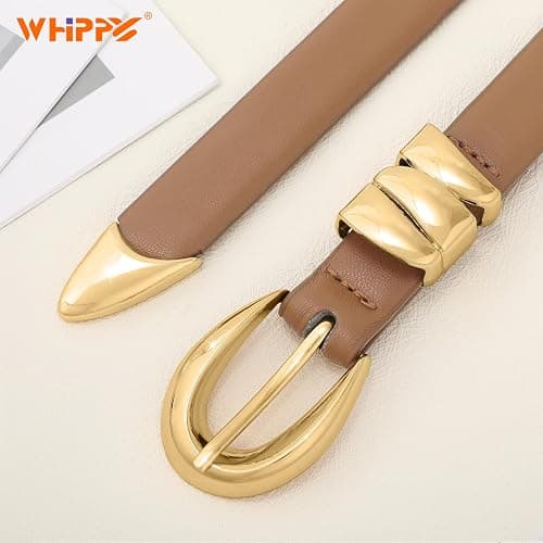 WHIPPY Women Skinny Leather Belt for Jeans Pants Dresses Ladies Fashion Waist Belt with Shiny Gold Buckle thumbnail 3
