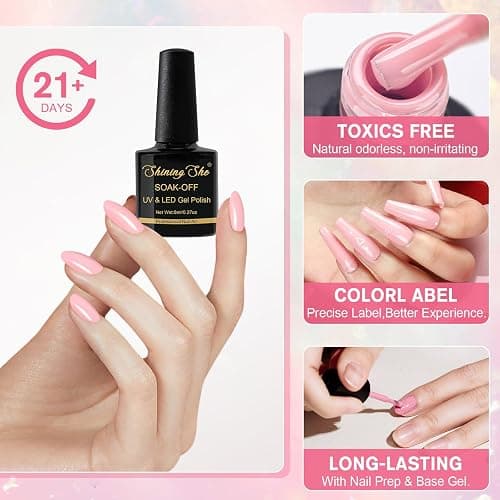 Shining She UV Nagellack, 6 Farben Gellack UV Pastell Rosa Weiß Nude Rosa Dunkelrosa Nude Gel Polish Soak-Off UV Gel Nagellack für Anfänger Nail Salon DIY,8ML thumbnail 3