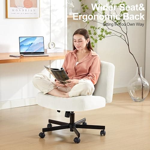 TUKAKA Criss Cross Chair with Wheels,Thick Padded Fabric Cross Legged Office Desk Chair with Pocket Spring Cushion,Dual-Purpose Base,Wide Adjustable Computer Home Office Vanity Chair,Cream White thumbnail 7
