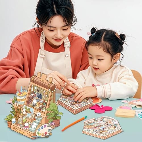 Girls 3D Miniature Scene Stickers, 4 Sets Storage Box DIY House Stickers for Dessert House,Tea Room,Painting Studio,Game Park,Cute 3D Cartoon Sticker Scenes for Adult Kids Relief Stress Pass The Time thumbnail 2