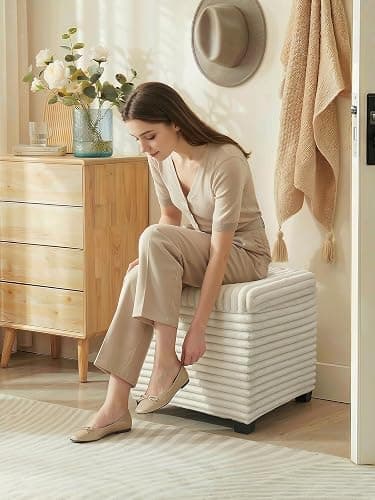 ABHENG 17.7 inches Faux Fur Ottomans Cube with Legs, Metal Framed Vanity Stool Chair Storage Ottoman Foot Rest Stool, Holds 770 LB for Dorm Living Room Bedroom White UASND644W thumbnail 6