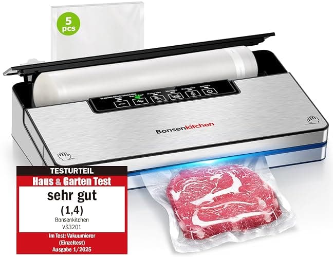 Bonsenkitchen Vakuumierer, 125W Vakuumiergerät mit 5 Modi, 8 L/Min | Globefish-Technologie für Kontinuierliches Arbeiten mit Hoher Geschwindigkeit, 5 Vakuumbeutel und 1 Rollbeutel - Image 1