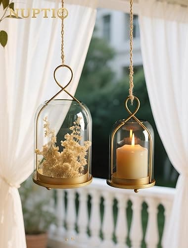 NUPTIO Glass Lanterns Decorative Outdoor: Gold Hurricane Candle Holders for Pillar Candles - Set of 2 Hanging Lantern for Home Thanksgiving Christmas Party Centerpiece thumbnail 7