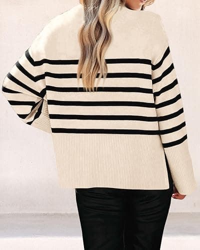 KIRUNDO Women's Striped Knit Oversized Fall Sweaters 2025 Trendy Clothes Crewneck Winter Pullover Sweater Side Split thumbnail 5