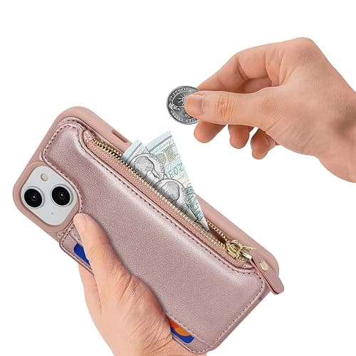 SailorTech iPhone 15 Etui mit Kartenhalter mag Safe, iPhone 15 Hülle mit Reißverschluss Kartenfach Geldbörse für iPhone 15 Handyhülle Lederhülle - Roségold thumbnail 4