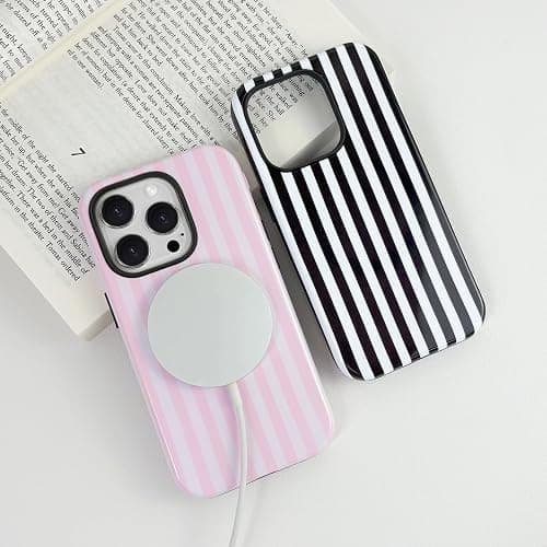 TKJSQ Magnetic for iPhone 12 Phone Case, Cute Striped Pattern Aesthetic Gloss Design, Stylish Shockproof Soft TPU and Hard PC 2-in-1 Protective Cover for iPhone 12, Pink thumbnail 2