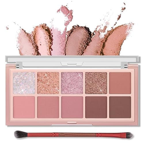 Erinde 10 Colors Eyeshadow Palette Makeup - Matte Shimmer Glitter Eye Shadow, Natural-Looking Korean Eye Makeup, Ultra-Blendable, High Pigmented, Pink Eyeshadow Palette with Brush, Rose Pink - Image 1