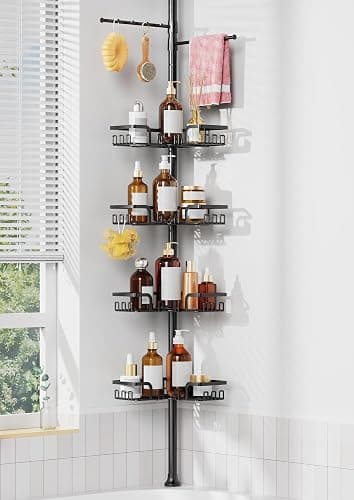 ZUNTO Tension Pole Shower Caddy with 2 Towel Holder and Hooks for Bathroom, Adjustable 25in-114in Floor to Ceiling Shower Organizer, Standing 4 Tier Corner Shelves for Storage and Hanging, Matte Black - Image 1