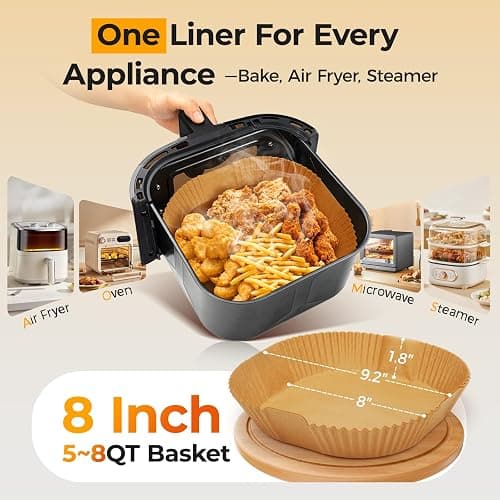 Air Fryer Paper Liners, 125Pcs Parchment Paper, Air Fryer Liners Disposable for Microwave, Non-Stick Air Fryer Liner Square Free of Bleach (8IN) thumbnail 3