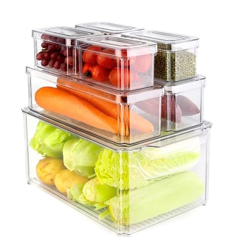 MXTIMWAN Lot de 7 Organiseur Frigo Cusine, Boîte de Bac Rangement Frigo Transparent avec Poignée, Organisateur Frigo De Placards Empilable avec Couvercle pour Le réfrigérateur, Cuisine, Armoires - Image 1