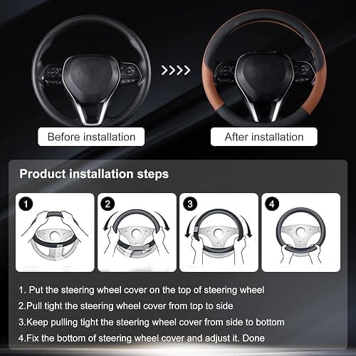 Follicomfy Auto Car Genuine Leather Steering Wheel Cover Anti Slip Wrap 15" (Brown) thumbnail 5