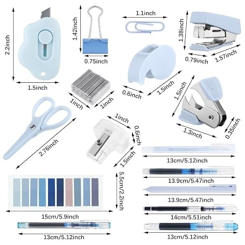 Colarr Mini Office Supply Kit Includes Stapler Tape Dispenser Staple Remover Paper Clips Scissor Staples Pen Sharpener Note Small Telescopic Knife for Office and School Clerk Student (Blue) thumbnail 3