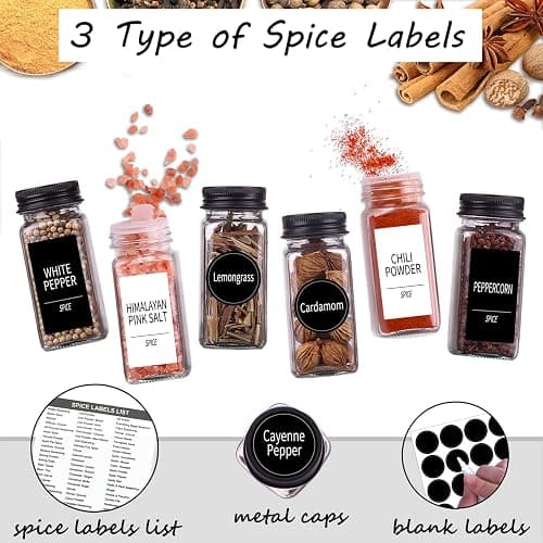 Churboro 25 Spice Jars with 547 Labels- Glass Spice Jars with Black Metal Caps, 4oz Empty Spice Containers with Shaker Lids, Funnel, Chalk Pen, Square Seasoning Bottles for Spice Rack, Drawer, Cabinet thumbnail 4