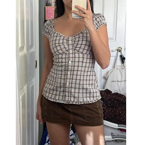Women Button Down Ruffle Top Deep V Neck Smocked Cap Sleeved Coquette Frill Cute Shirt Slim Fit Casual Blouse thumbnail 4