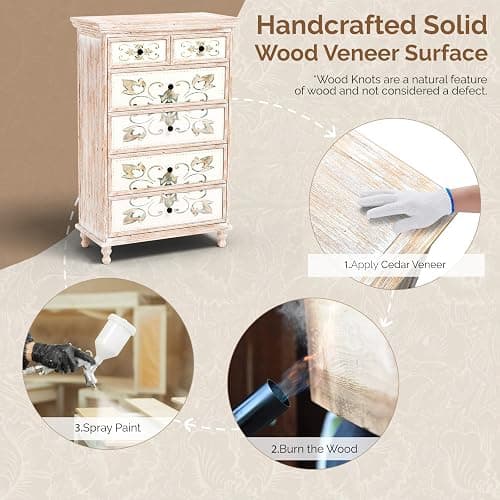 VINGLI Dresser Wood Chest of Drawers for Bedroom, Tall Dresser, Boho Dresser 6 Drawer Chest, Wooden Dresser with Drawers and Solid Wood Legs, Rustic Dresser, Washed White - 15"D x 29.9"W x 46.5"H (6 Drawers) - Washed White thumbnail 6
