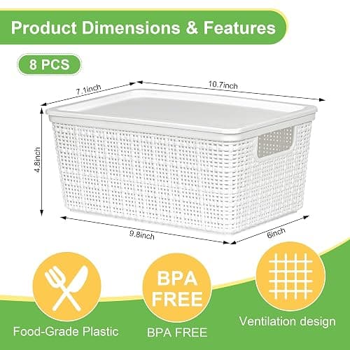 WRRLORS 6 Pack Plastic Storage Baskets with Lid,White Stackable Bins | Durable Woven Plastic With handle Breathable,Save space,For Organizing Desktops, Closets, Playrooms, Classrooms, Offices thumbnail 3