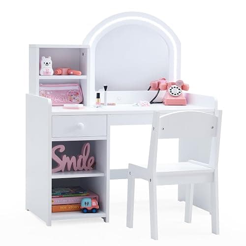 BXKX Kids Vanity with Lights, Vanity Set with Drawer and Storage Shelves, 2 in 1 Toddler Vanity with Lighted Mirror, Girls Vanity Set with Stool for Little Girls (White) - Image 1