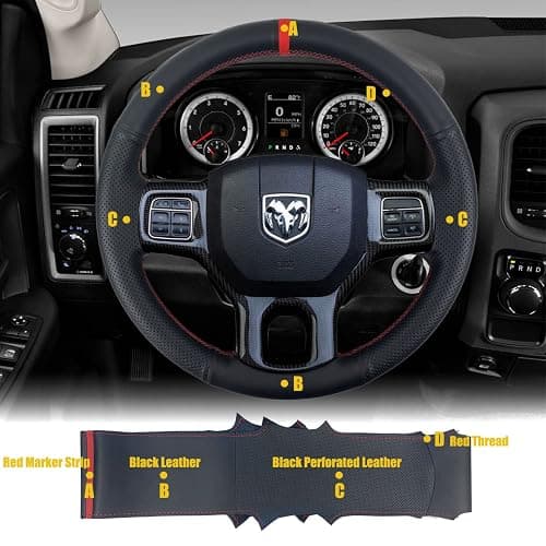 Black Side Perforated Leather Red Marker Steering Wheel Protector Cover Hand-Stitch on Wrap Fit for Dodge Ram Heavy Duty 1500/2500/3500/4500/5500 2013-2019 (Red Mark Strip) thumbnail 2