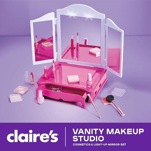 Claire's Makeup Vanity with Light-Up Tri-Panel Mirror, 13-Piece Real Cosmetic Set, Pretend Play Makeup for Kids 8-12, Girl Toys & Beauty Activity Gift with Lip Gloss, Lipstick, Nail Polish & More thumbnail 2
