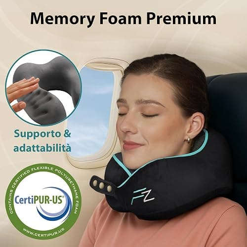 FLOWZOOM Comfy Cuscino da Viaggio per Aereo e Auto – Cuscino per il Collo Regolabile in Schiuma Memory con Supporto a 360°, Fodera Vellutata Lavabile e Sacchetto in Rete per il Trasporto – Nero thumbnail 7