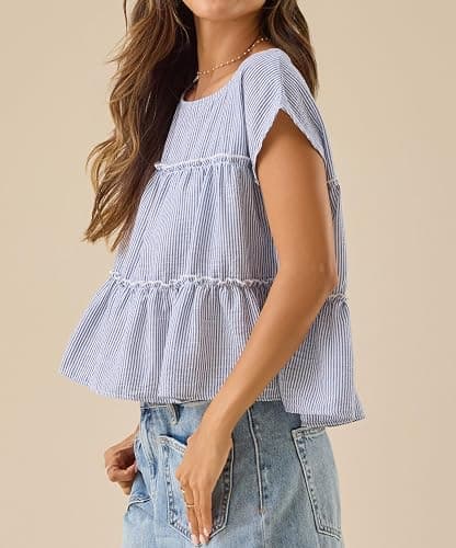 Foidiccx Womens Tiered Cute Boho Blouse Shirts Y2k Striped Ruched Flowy Ruffle Peplum Short Cap Sleeve Babydoll Crop Tops Tee thumbnail 3