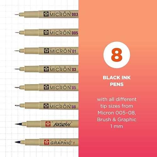 Sakura Pigma Micron, Graphic & Brush Fineline Pens, Archival Black Ink, 8 PK 30067 thumbnail 2