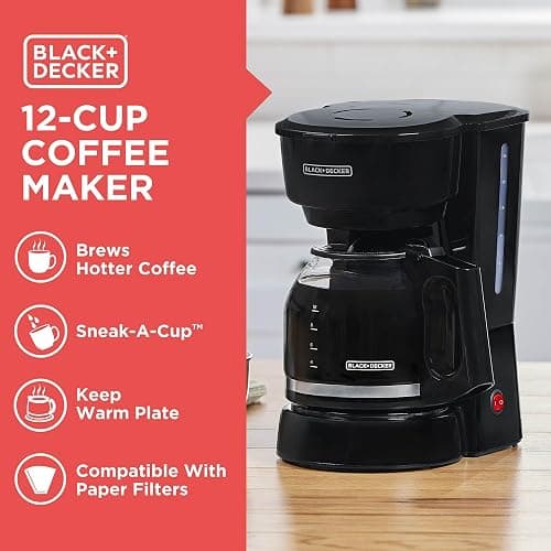 BLACK+DECKER 12-Cup Coffee Maker with Easy On/Off Switch, Easy Pour, Non-Drip Carafe with Removable Filter Basket, Vortex Technology, Black thumbnail 4